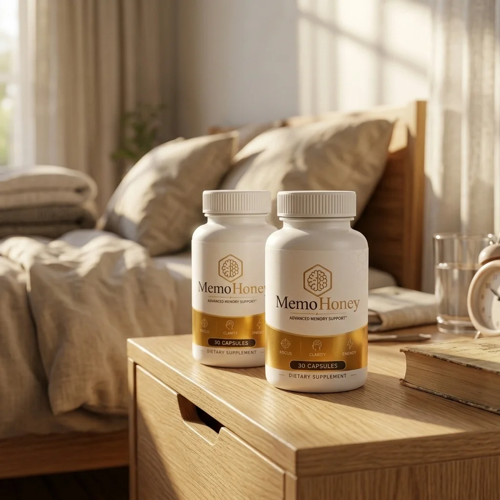 MemoHoney advanced memory support bottles on a nightstand