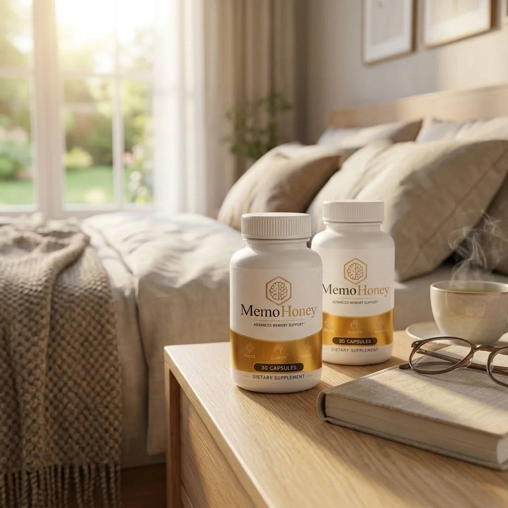 MemoHoney bottles on a bedside table